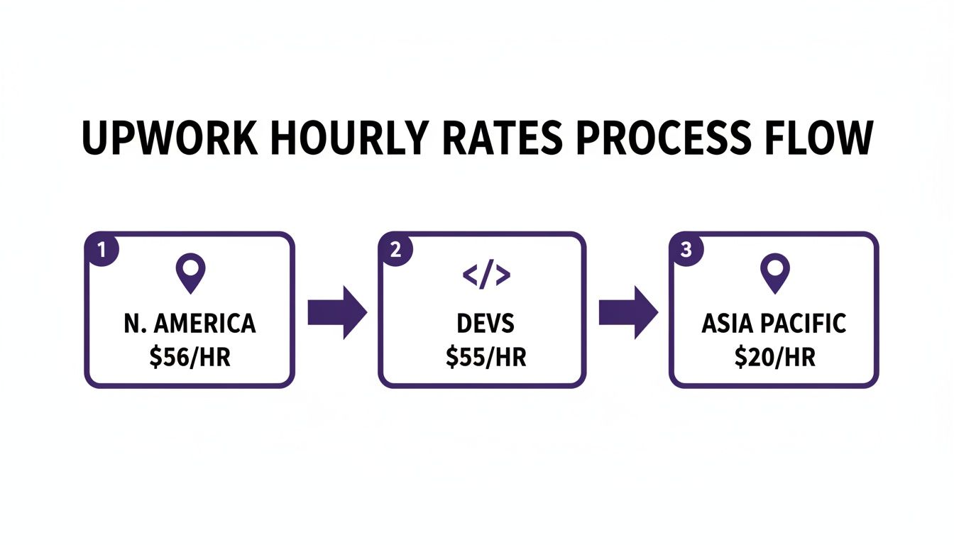 Upwork hourly rates process flow illustrating regional and role-based pay differences across continents.