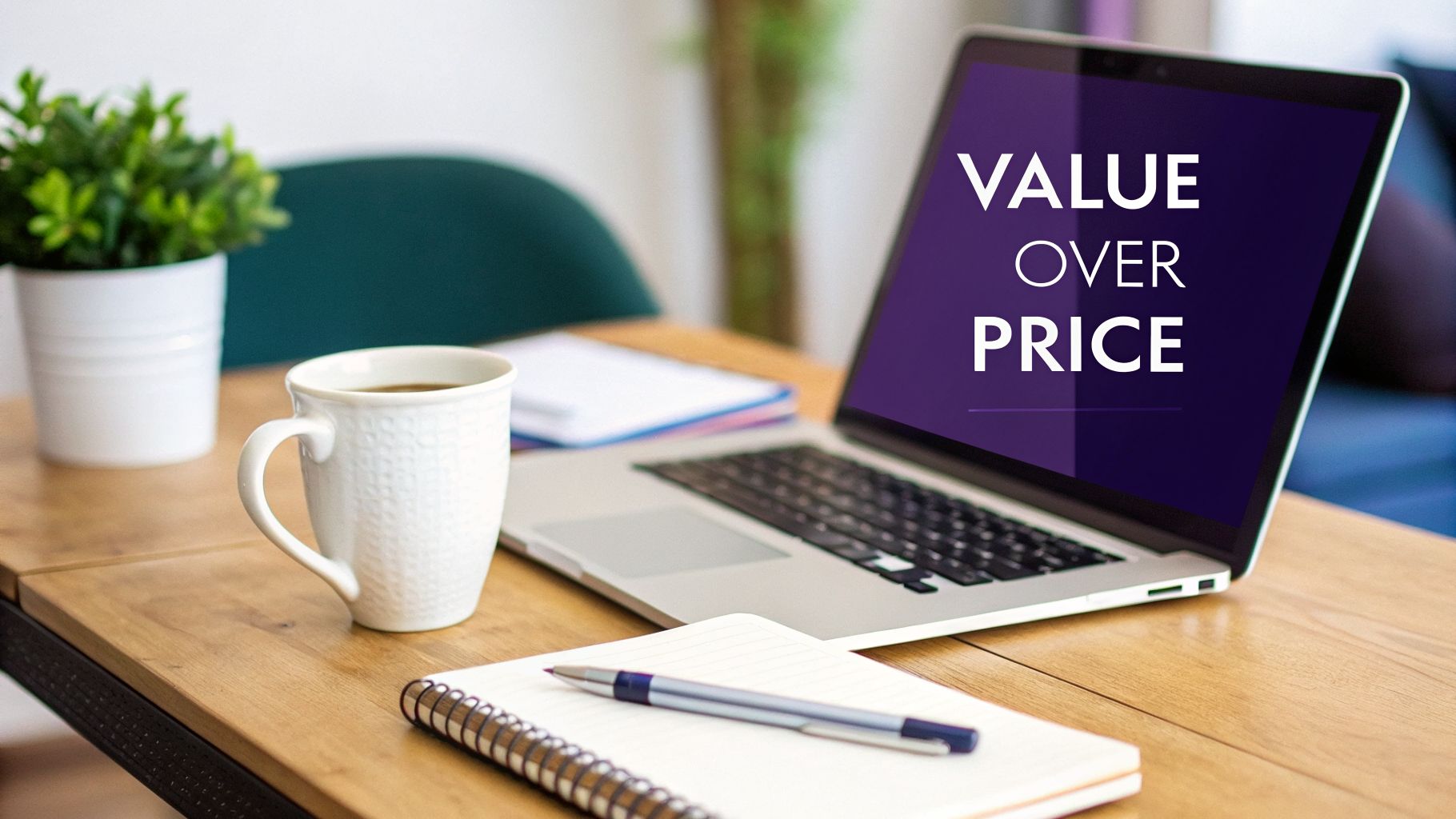 A laptop displaying 'VALUE OVER PRICE' on a wooden desk with a coffee mug and a notebook.