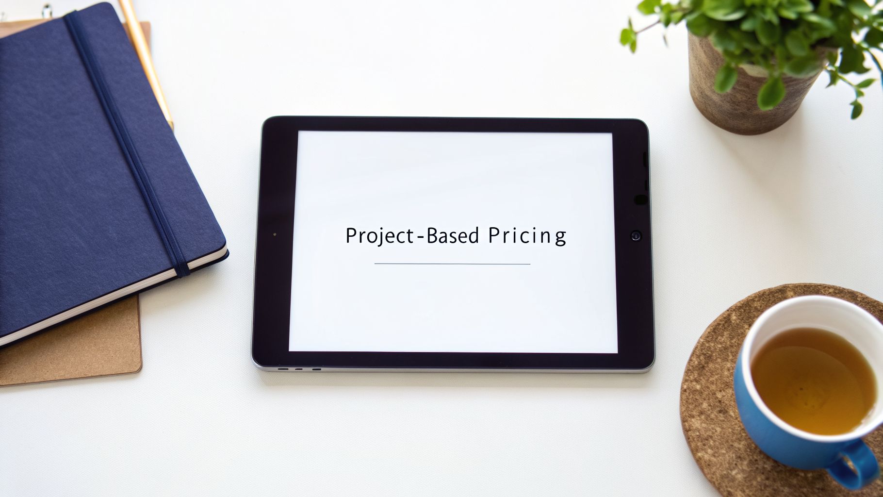A flat lay of a white desk with a tablet displaying 'Project-Based Pricing', a notebook, a plant, and a cup of tea.