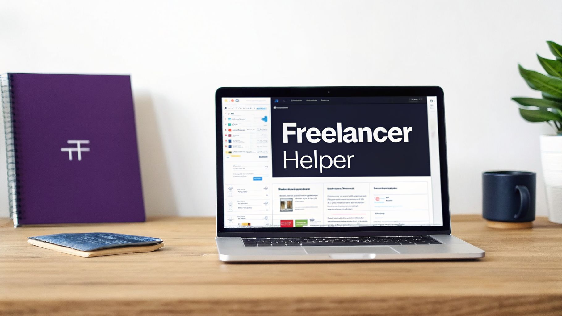 A laptop on a wooden desk showing 'Freelancer Helper' software, with a notebook and mug nearby.