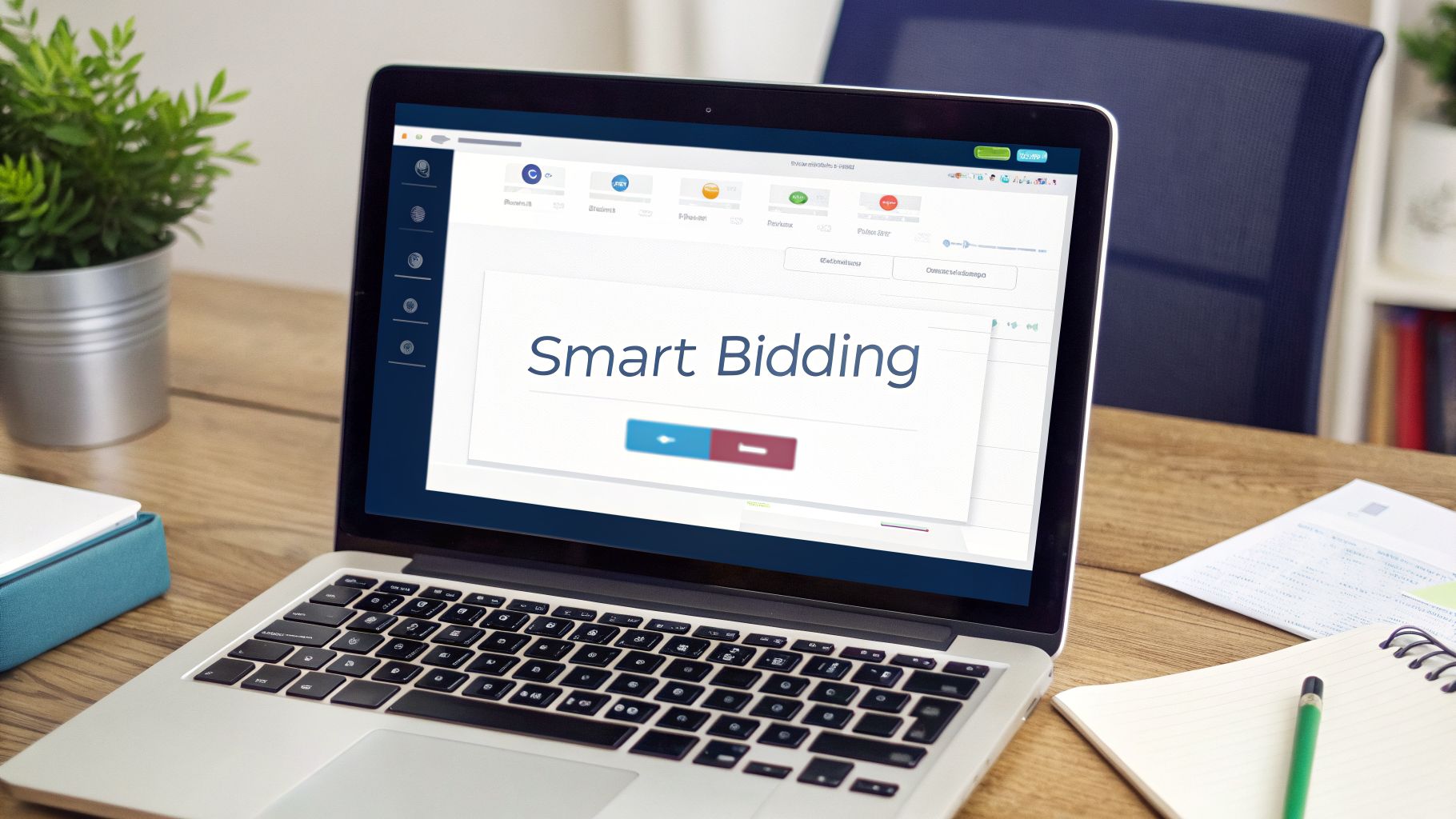A laptop on a wooden desk displays 'Smart Bidding' on its screen, surrounded by office items.