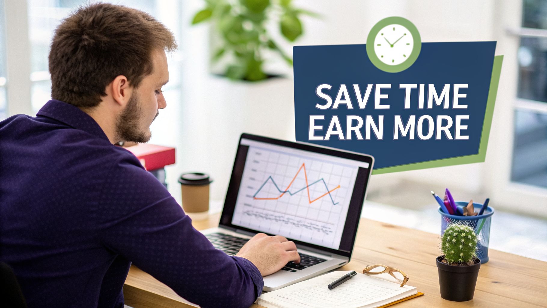 Man working on laptop with charts, coffee, and 'SAVE TIME EARN MORE' sign, focused on productivity.