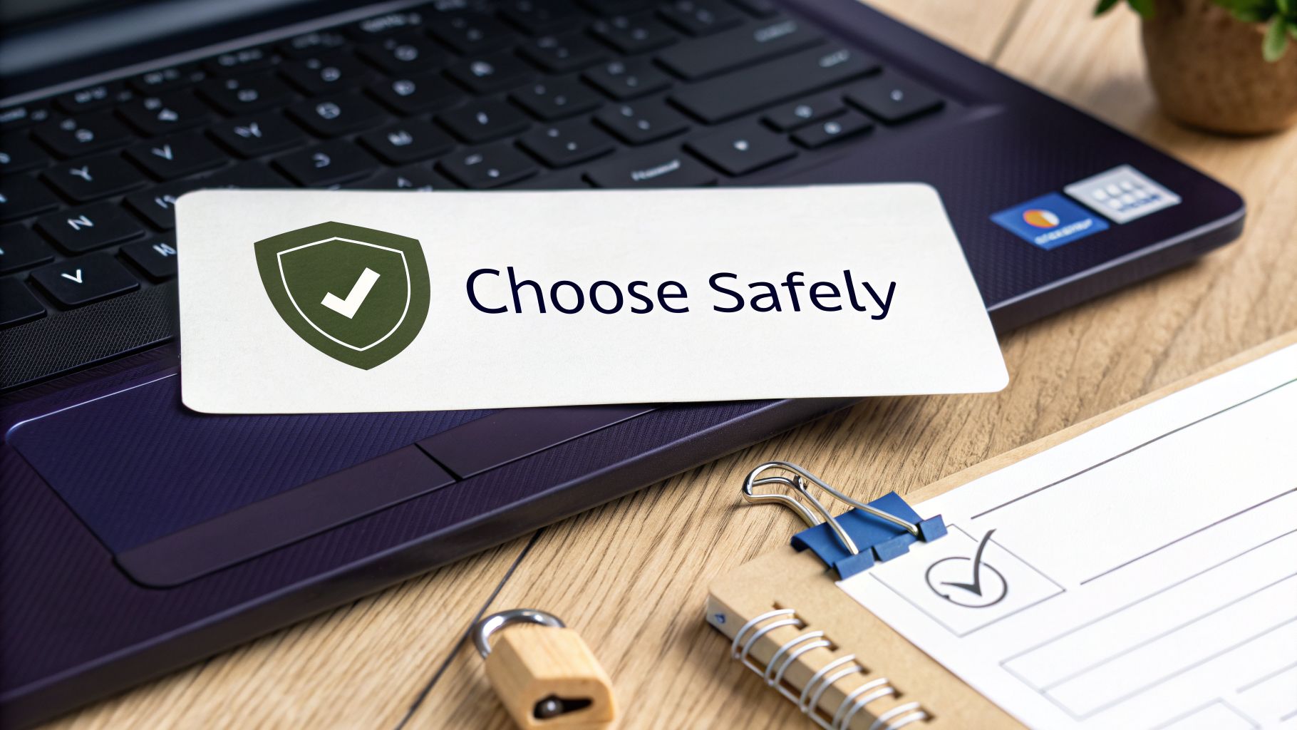 A card with a security shield and 'Choose Safely' on a laptop, indicating secure online choices.
