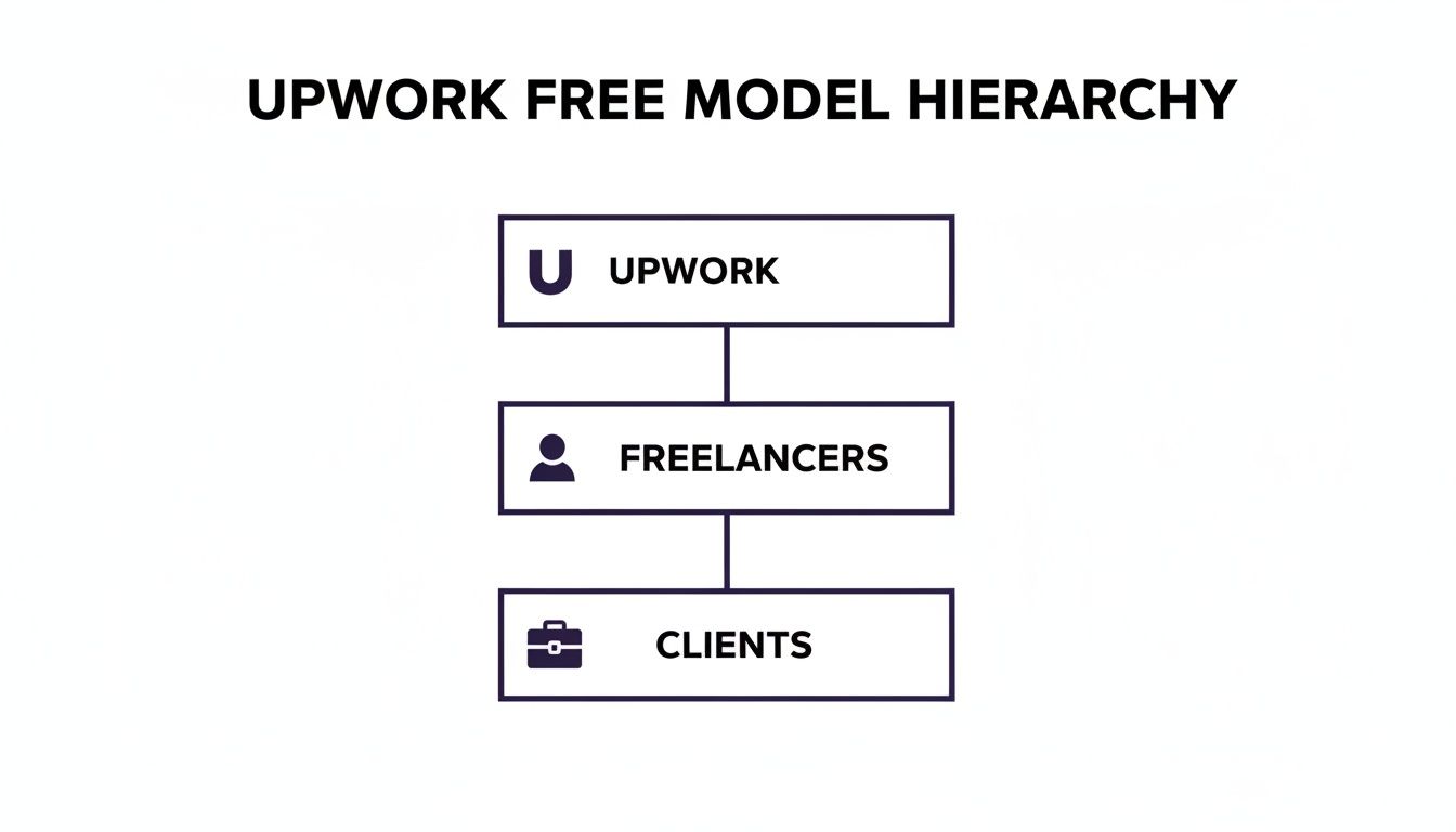 Hierarchy diagram showing Upwork, Freelancers, and Clients in a free model structure.