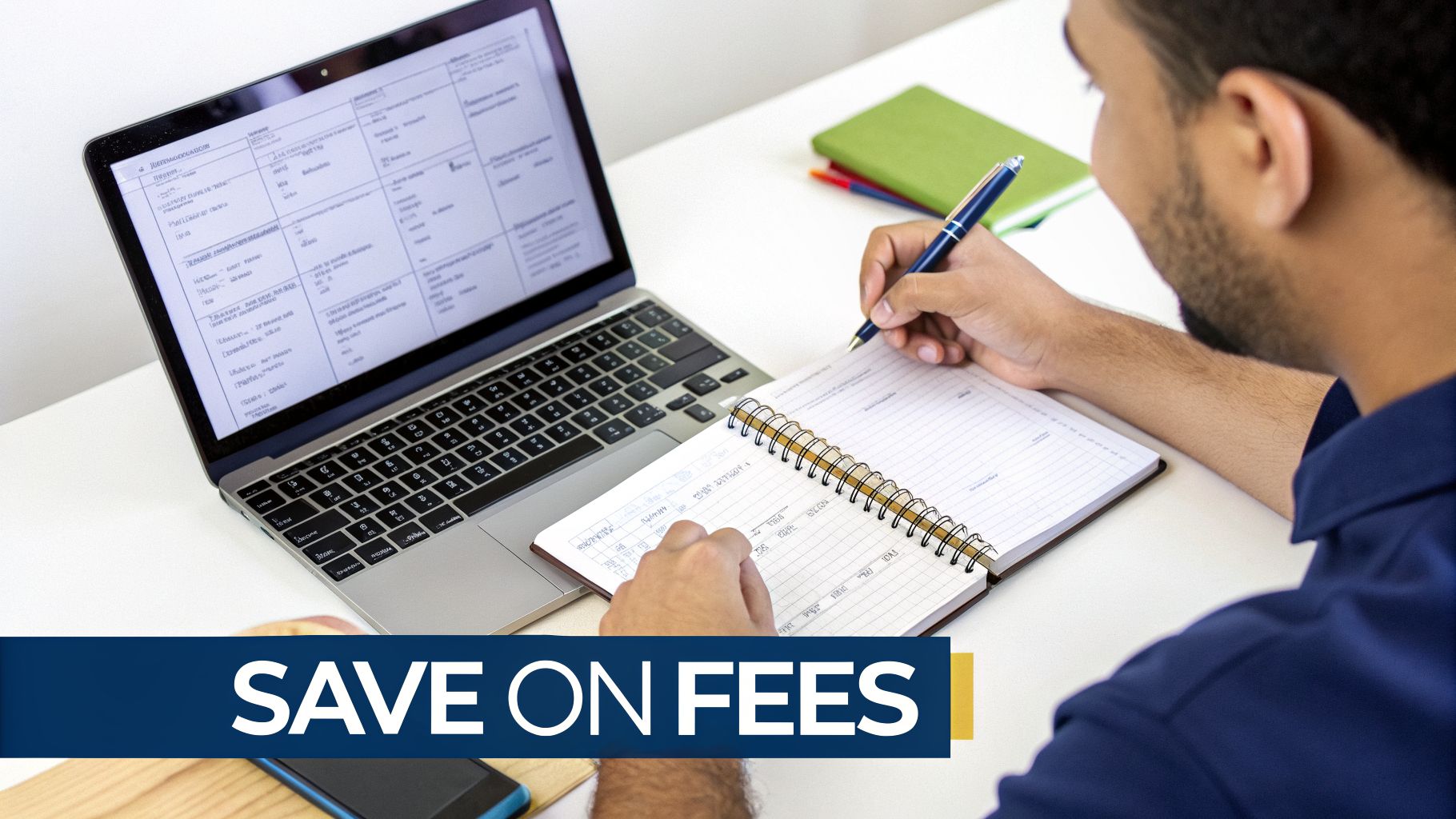Man writing in a notebook, next to a laptop displaying data, with a 'SAVE ON FEES' banner.