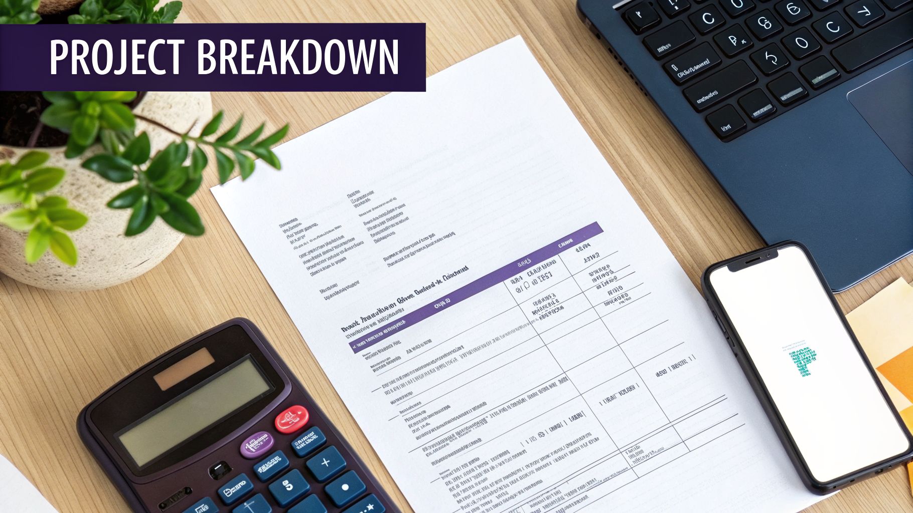 Project breakdown document on a wooden desk with a calculator, laptop, phone, and plant.