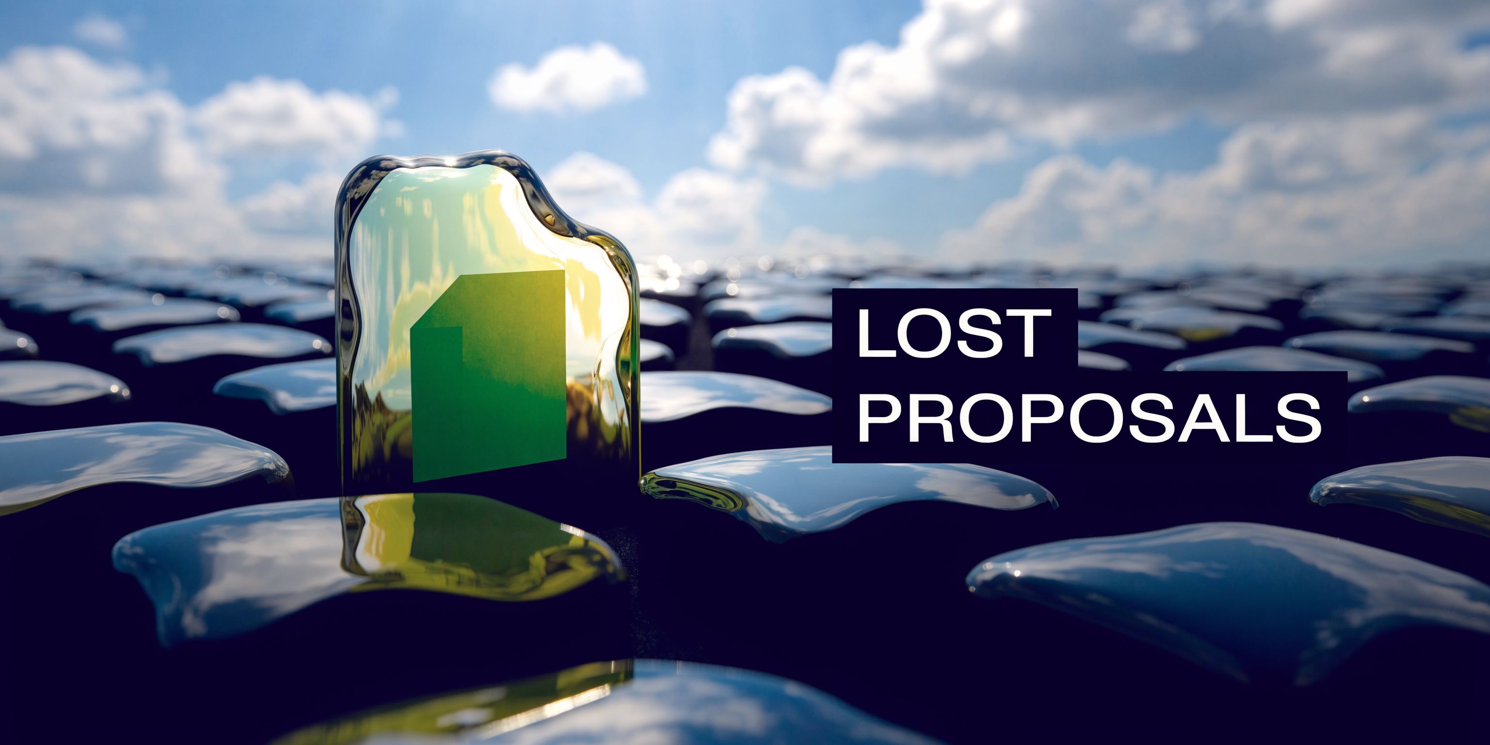 A glossy green and gold rectangular 3D object standing among dark reflective shapes under a blue sky.