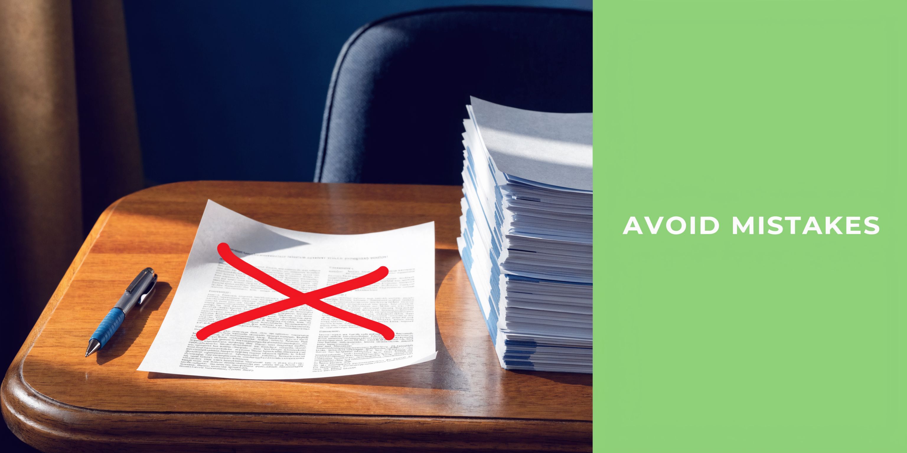 A document with a large red X over it next to a stack of papers on a desk.