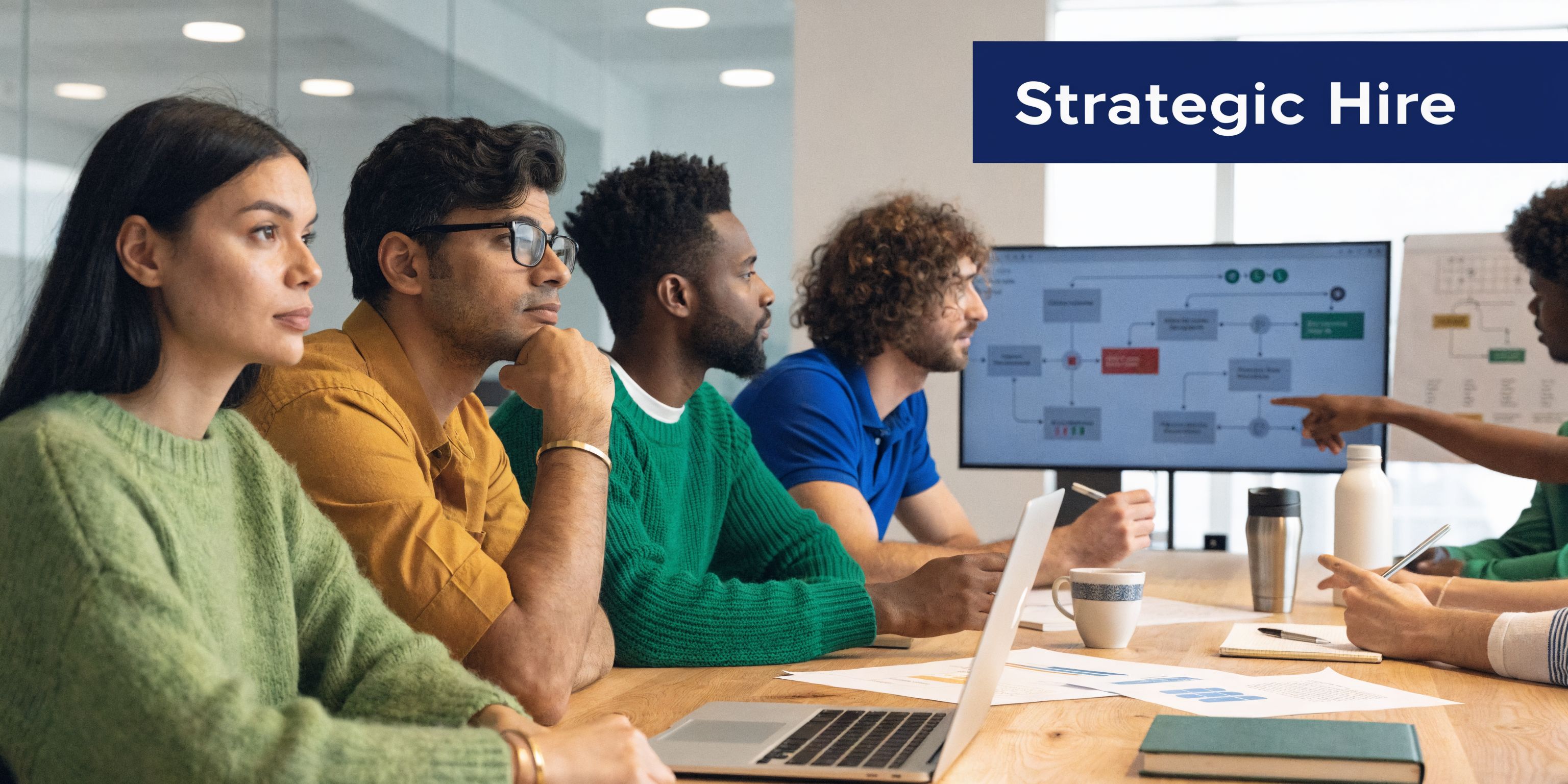 A diverse group of professionals working together collaboratively in an office during a strategy meeting.