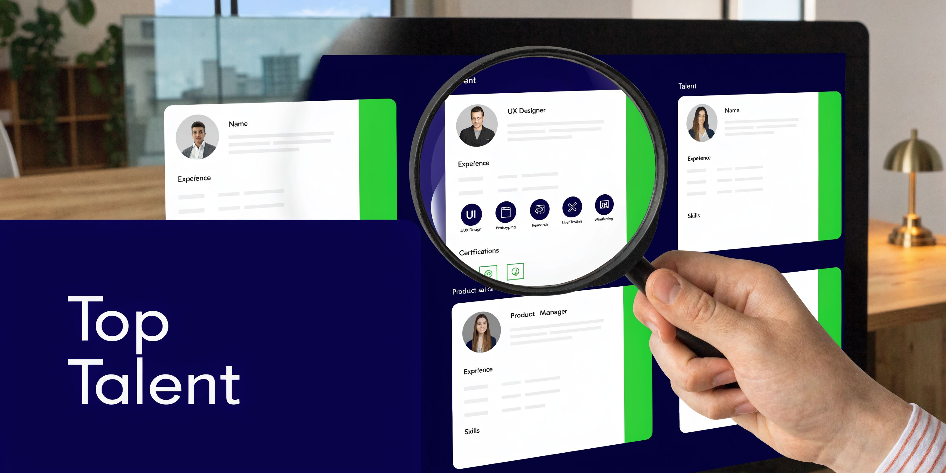 A magnifying glass focusing on a UX designer profile card on a screen displaying top talent recruitment
