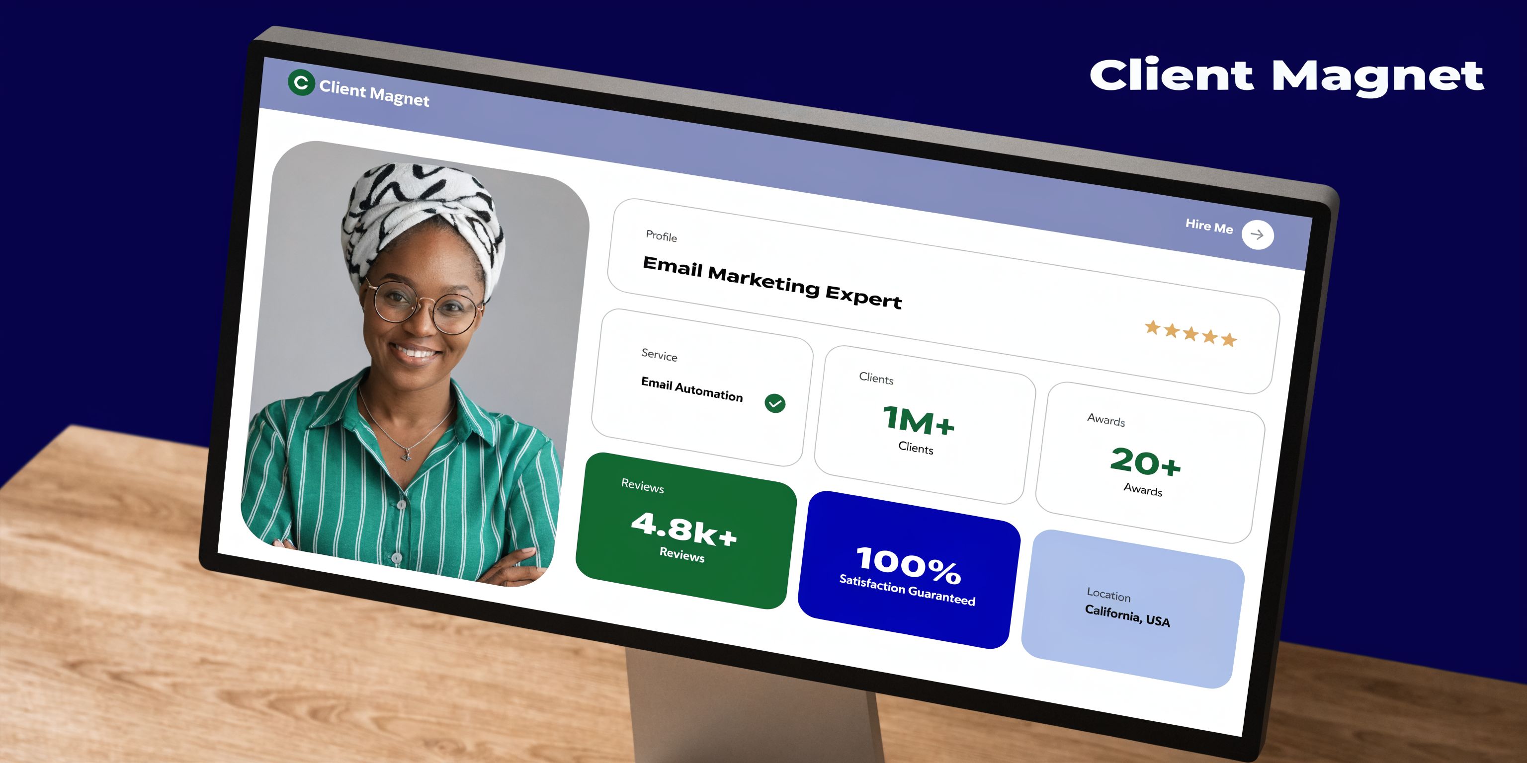A computer screen showing a professional profile page for an email marketing expert on the Client Magnet platform.