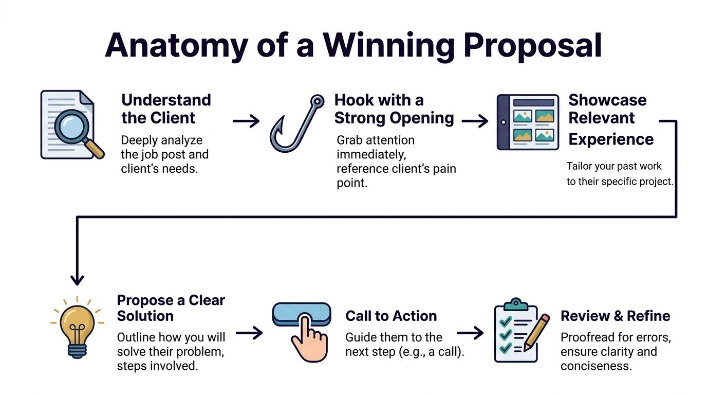 An infographic titled Anatomy of a Winning Proposal showing six steps to write effective freelance project proposals.