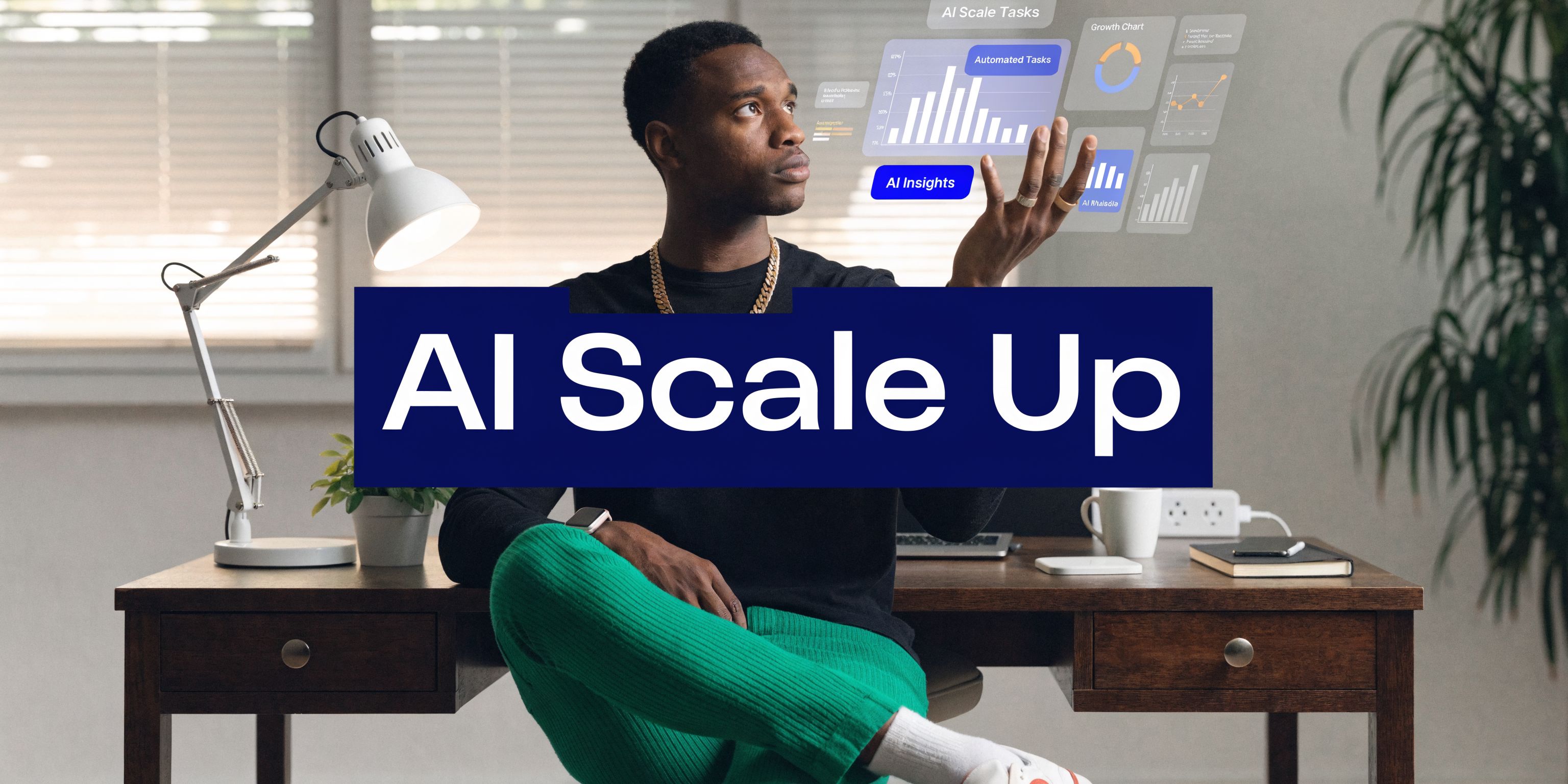 A young man sitting at a desk interacting with digital AI data visualization holograms in an office.