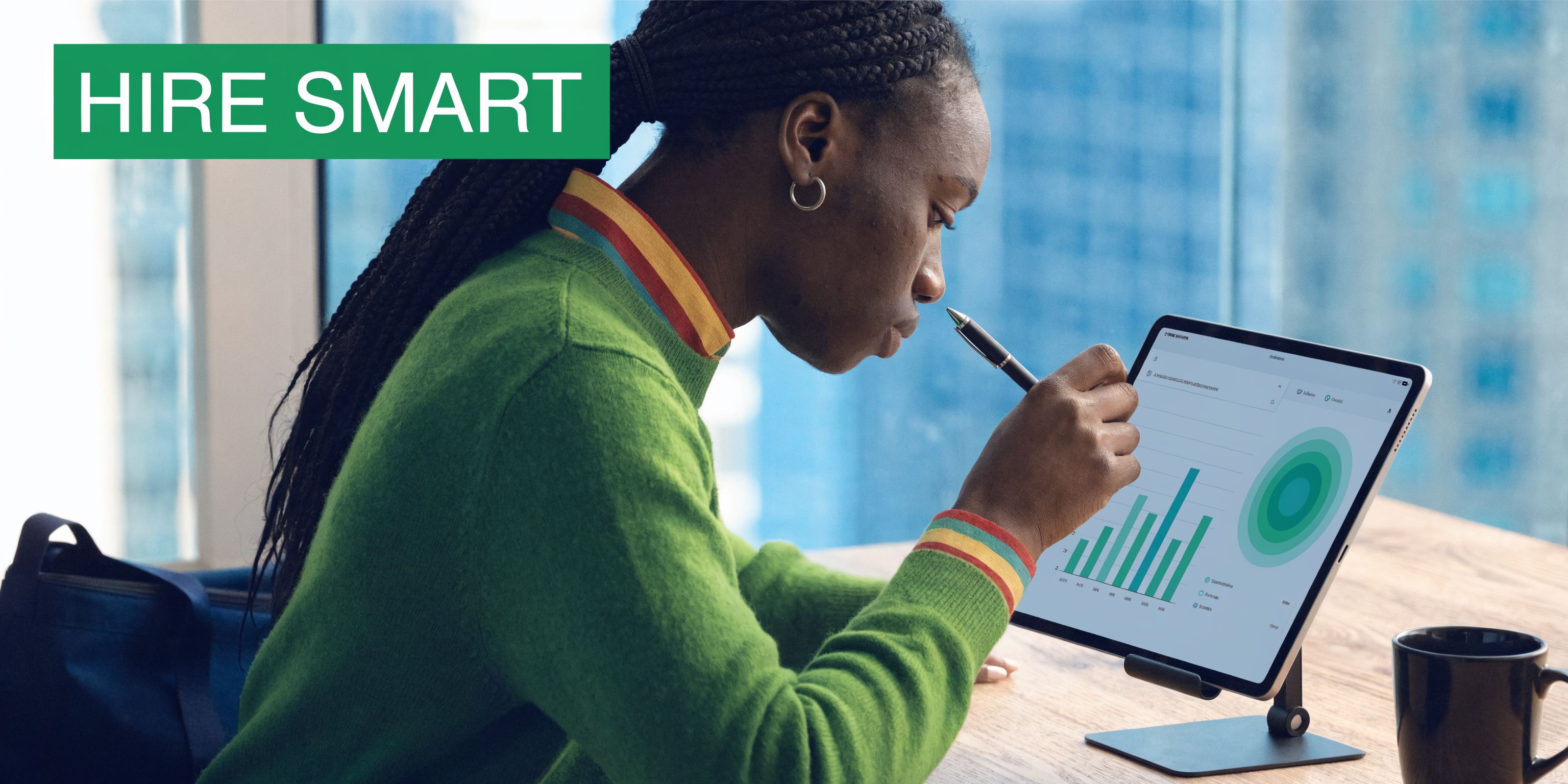 A professional woman studying data charts on a tablet while sitting at an office desk.