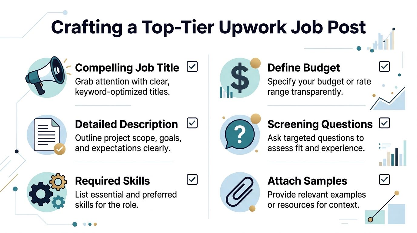 A professional infographic outlining six essential steps for creating a high-quality job posting on Upwork.