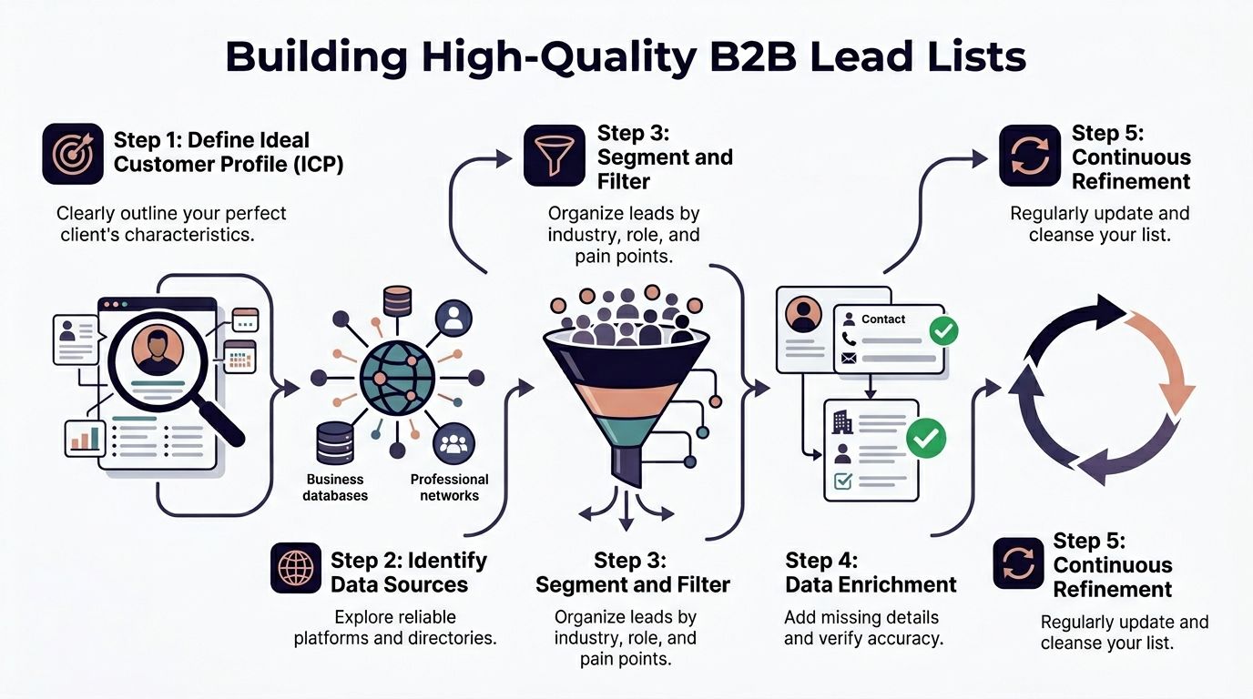 A flowchart infographic outlining the five essential steps for building high-quality B2B lead generation lists.