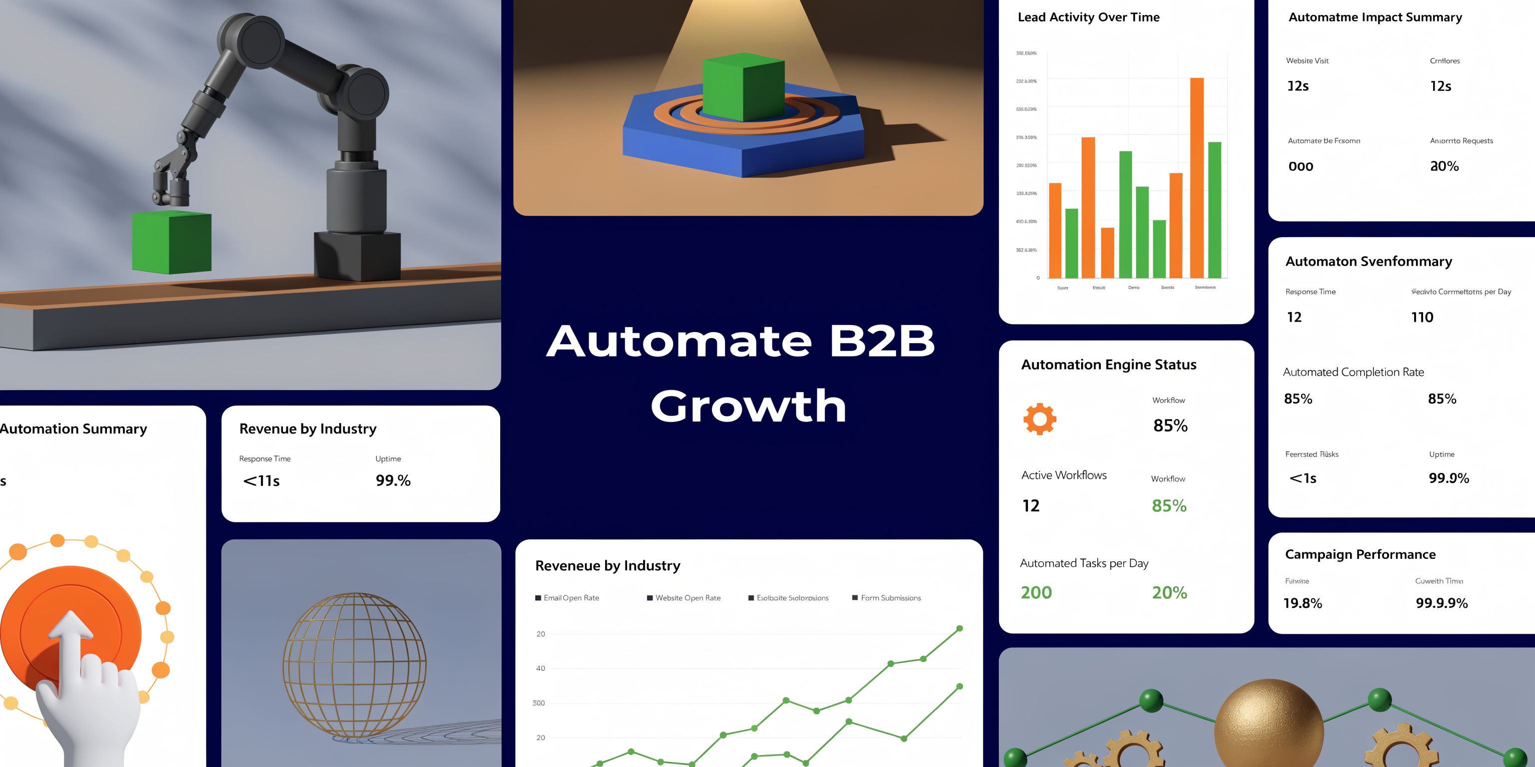 A data dashboard visualization showcasing business metrics, automation workflows, and lead generation performance for B2B growth.