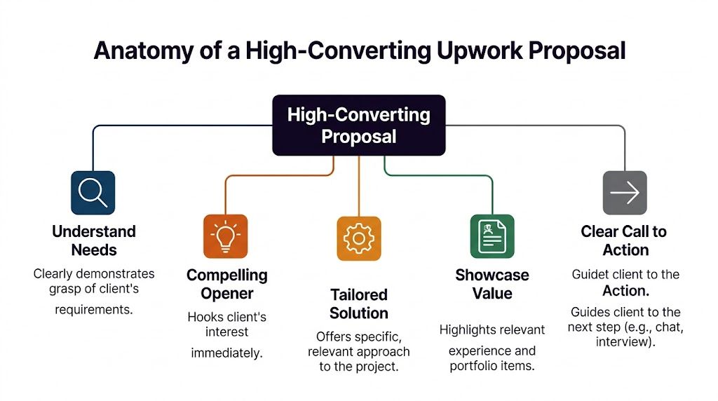 A diagram outlining the key components of a successful and high-converting proposal for Upwork freelancers.