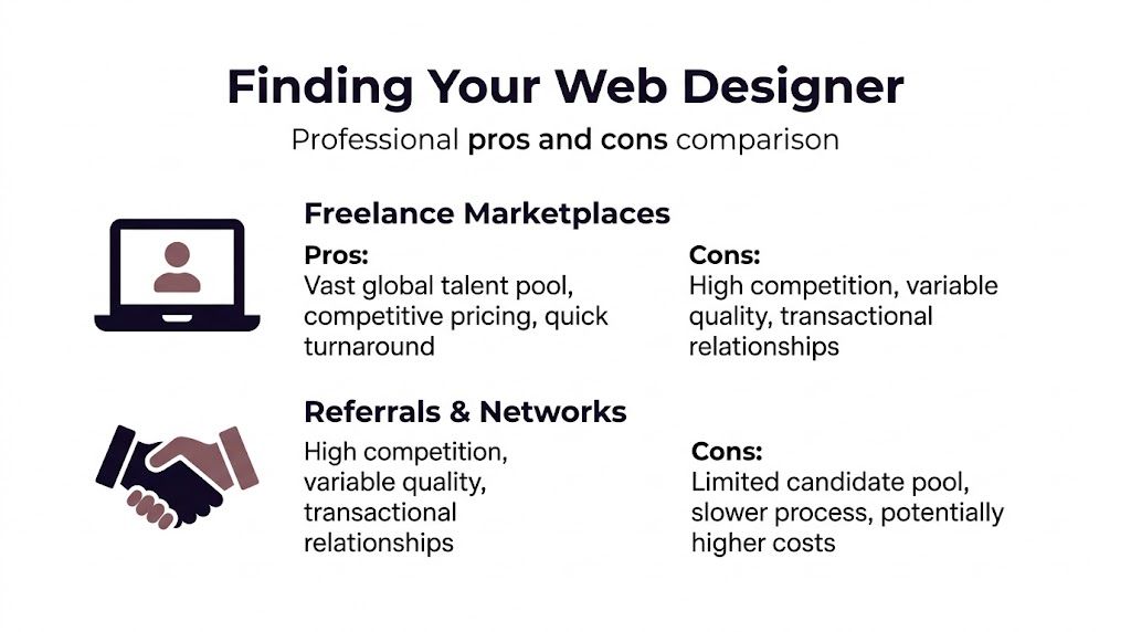 A comparison infographic showing pros and cons of using freelance marketplaces versus referrals for finding web designers.