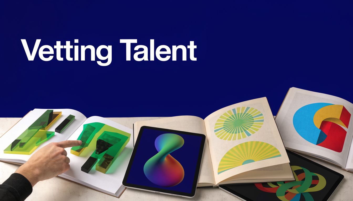 A hand pointing at a book showcasing 3D geometric designs alongside a tablet with a colorful abstract shape.