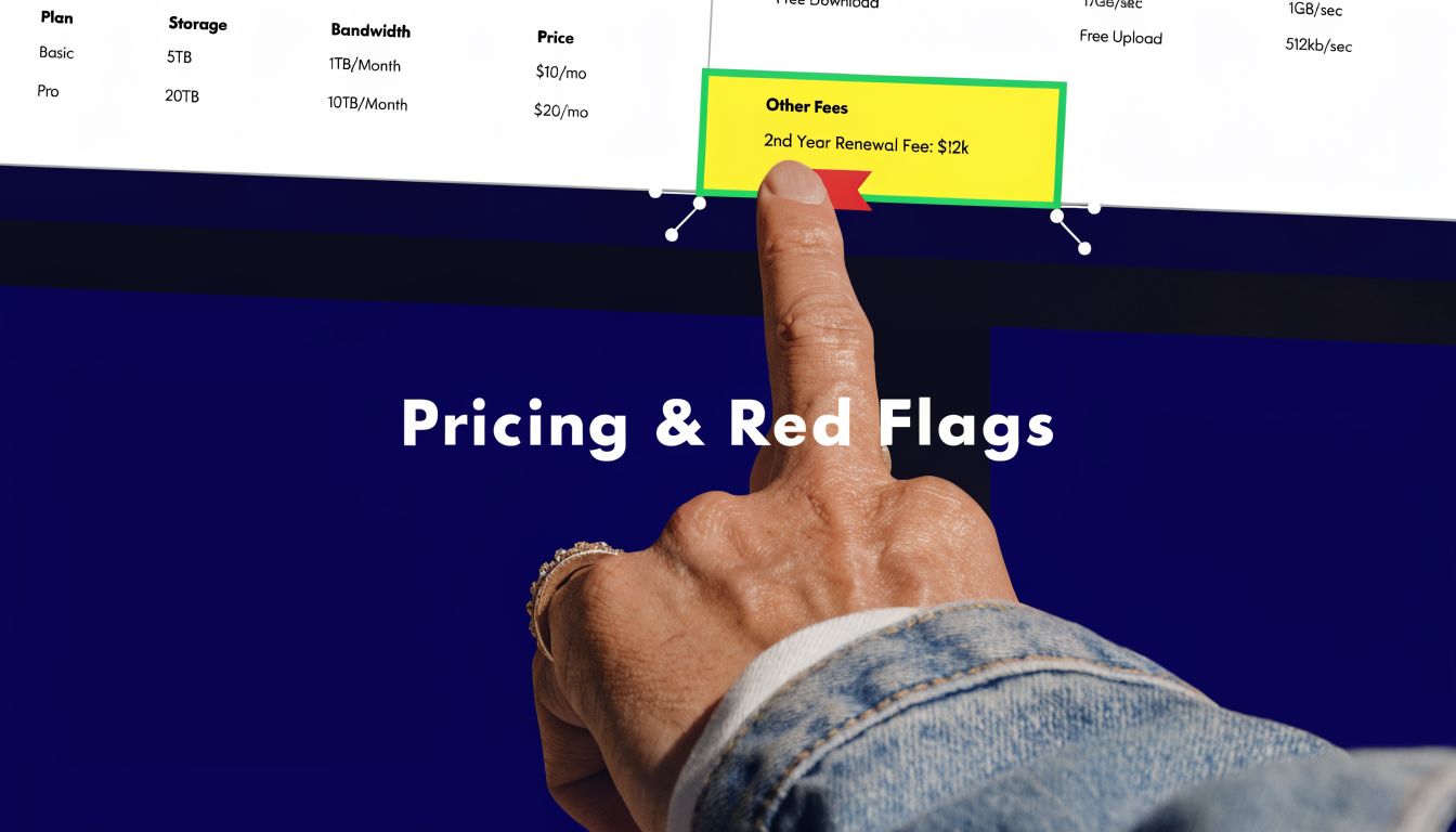 A hand points at a pricing table highlighting a massive hidden second year renewal fee warning.