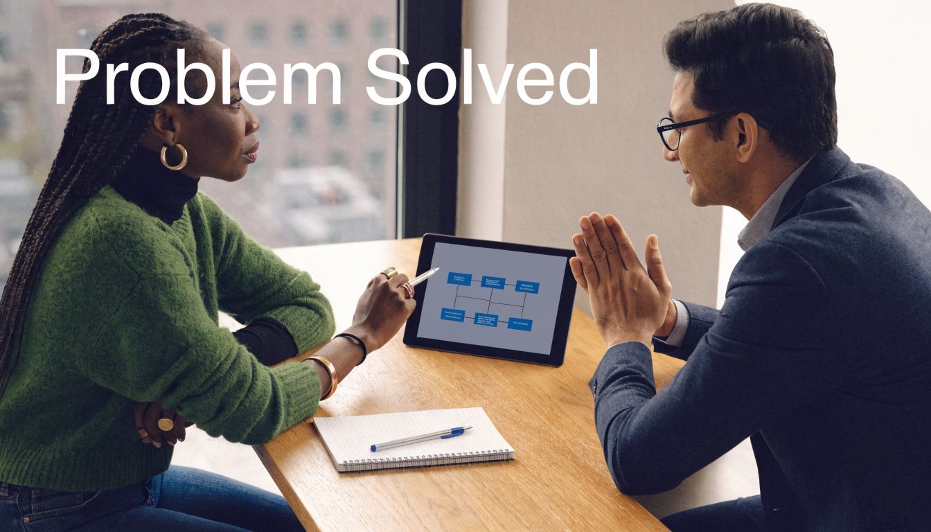 A professional woman and a man discussing a business flowchart on a tablet in an office.