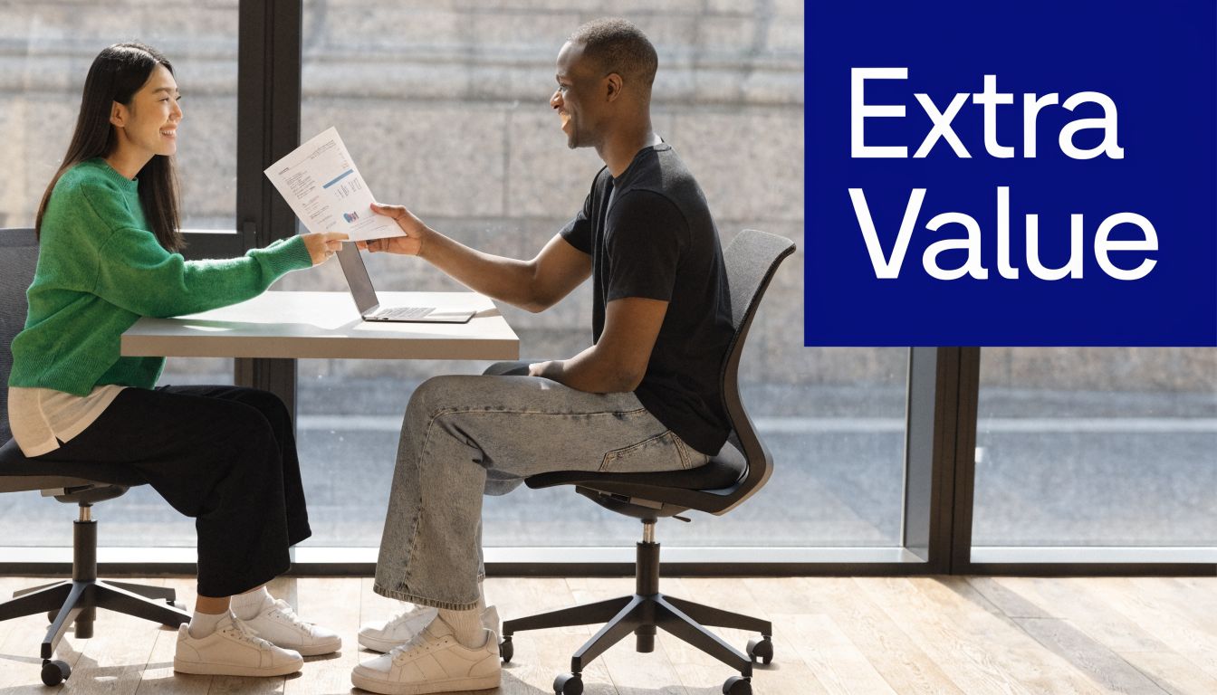 A woman and a man in a modern office collaborating while reviewing a printed business document.