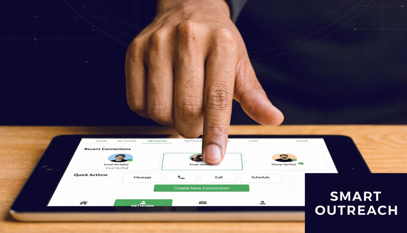 A hand using a tablet interface to manage professional network connections and leads for business outreach.