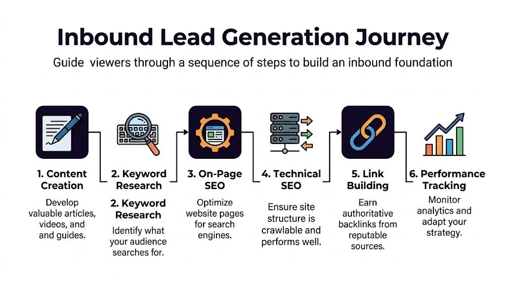 A six-step infographic illustrating the inbound lead generation journey for building an effective content marketing foundation.