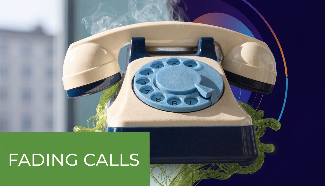 A vintage rotary telephone melting with smoke, set against a dark background with green net elements.