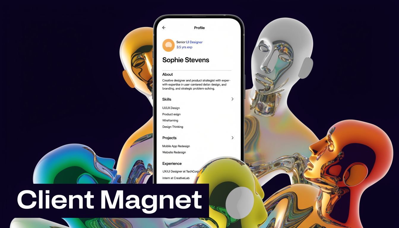 A smartphone displaying a professional UI designer profile surrounded by abstract colorful 3D mannequin heads on dark background.