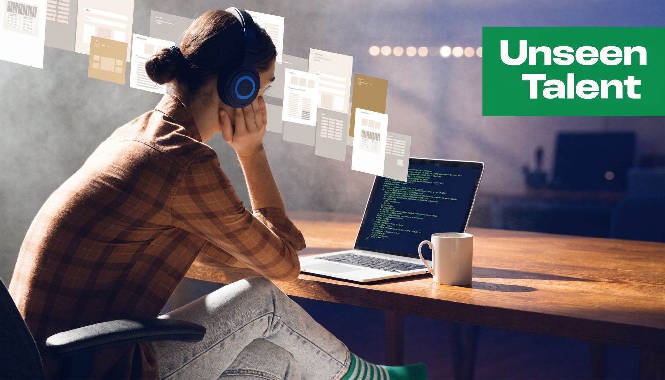A person wearing headphones working on code on a laptop with virtual documents floating nearby.