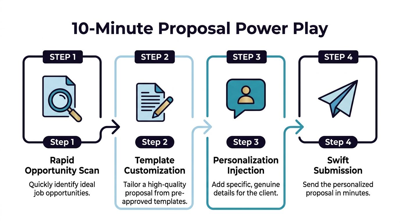 A four-step infographic illustrating a 10-minute proposal workflow for identifying, customizing, personalizing, and submitting job opportunities quickly.