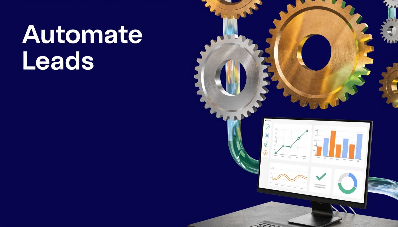 A digital graphic showing mechanical gears connecting to a computer monitor displaying various business lead tracking charts.