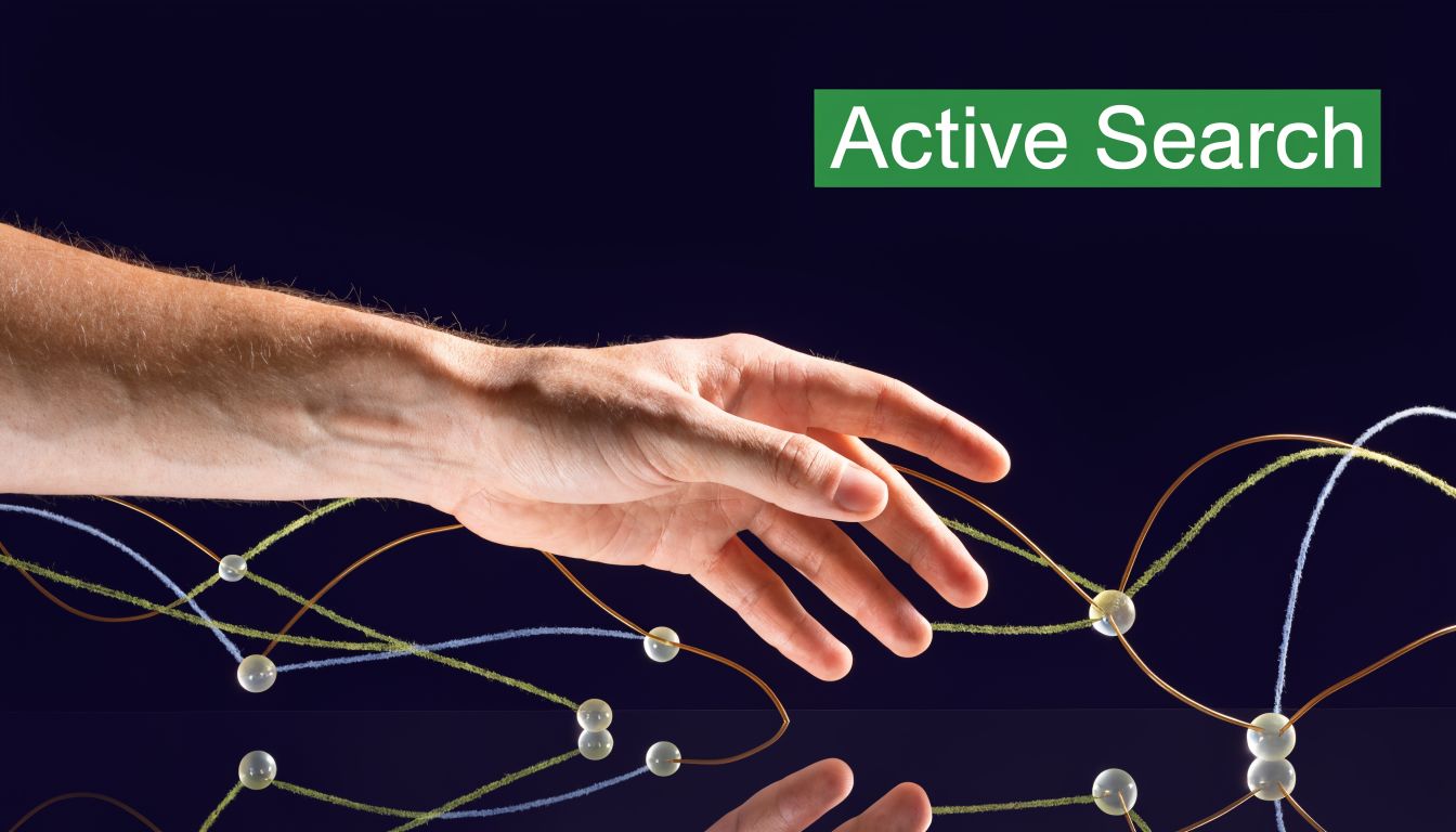 A human hand reaches towards a digital network of glowing spheres connected by lines against dark background.