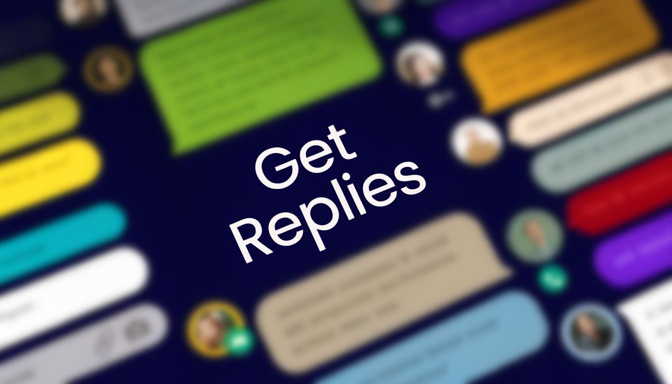 A digital graphic featuring the words Get Replies in white text surrounded by various colorful chat bubbles.