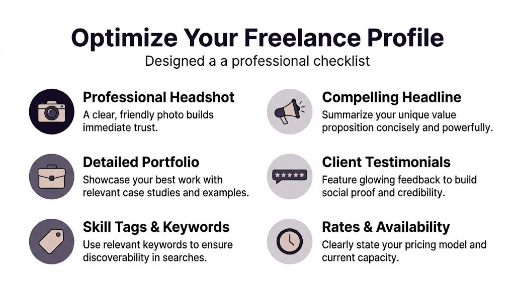 A checklist infographic illustrating six key steps to optimize your professional freelance profile for better results.