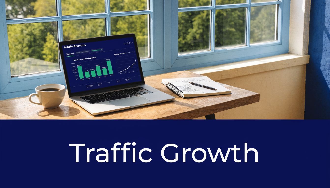 A laptop showing data analytics graphs sits on a wooden desk next to a coffee cup and notebook.
