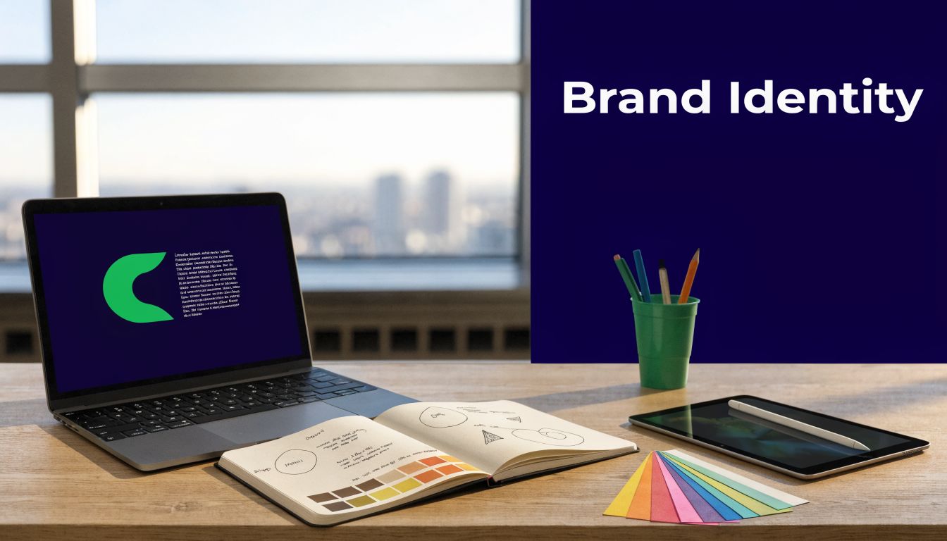 A modern workspace with a laptop, digital tablet, sketchbook, and color swatches on a wooden desk.