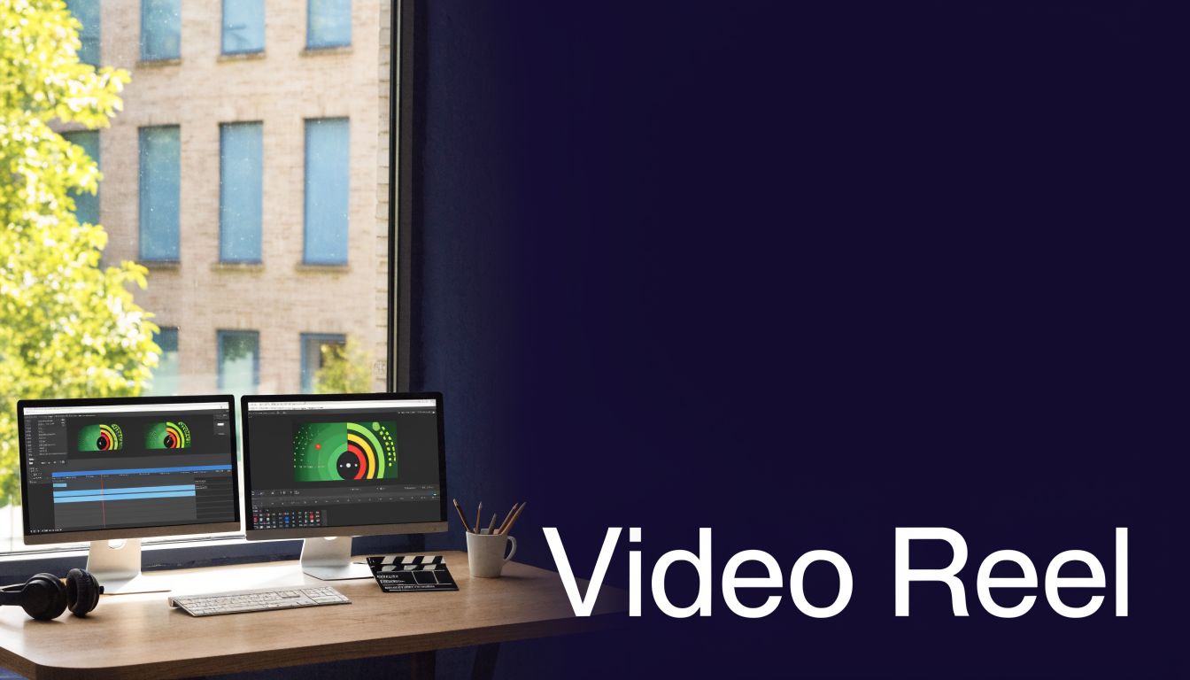 A professional video editing workspace with two computer monitors displaying editing software on a wooden desk.