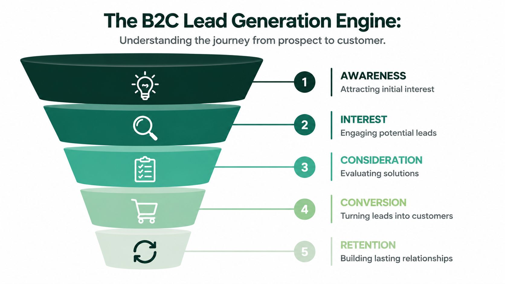 A five-stage B2C lead generation funnel diagram illustrating the customer journey from awareness to customer retention.