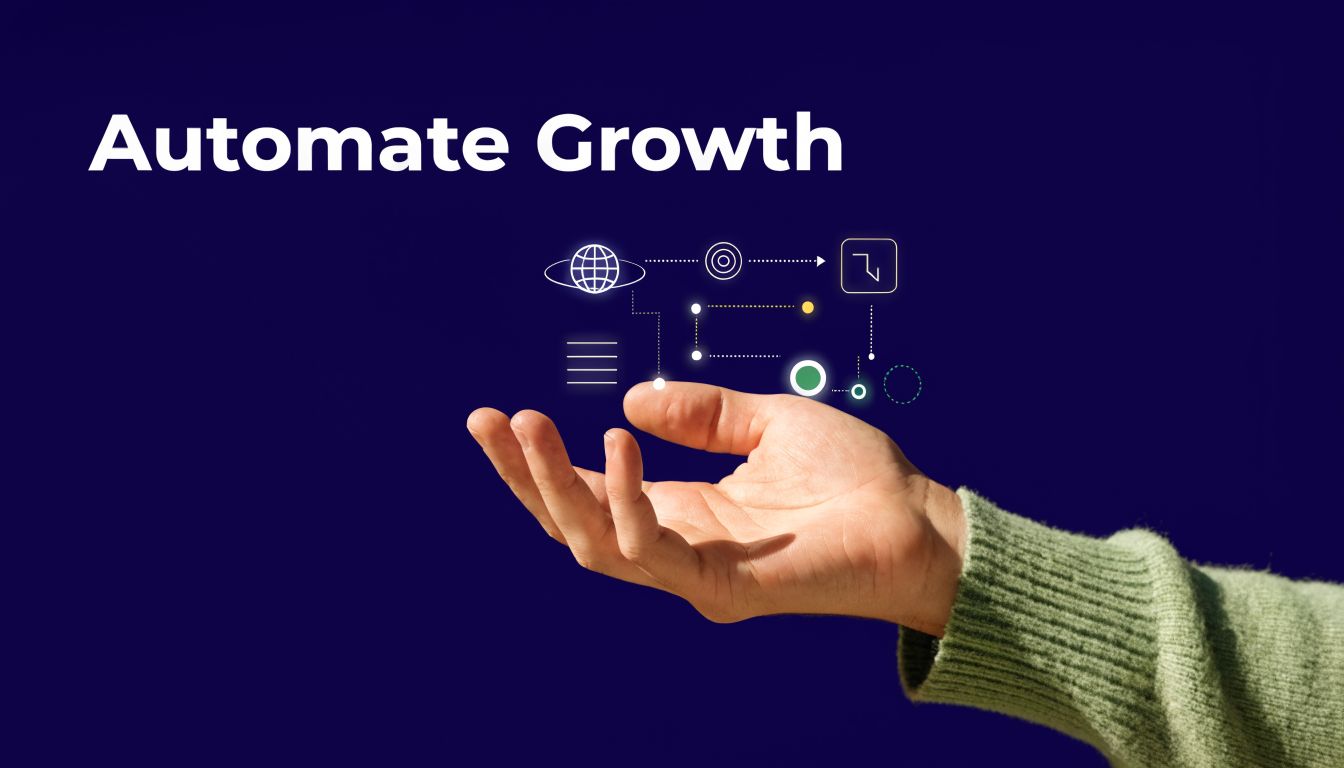 A hand held out against a deep blue background with digital icons illustrating business growth and automation.