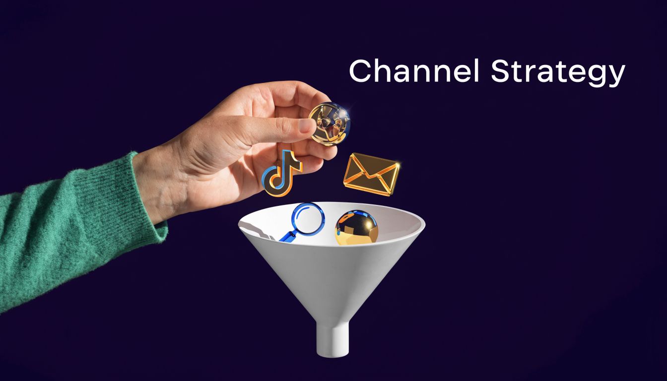 A hand placing digital marketing icons like TikTok and email into a white funnel for strategy