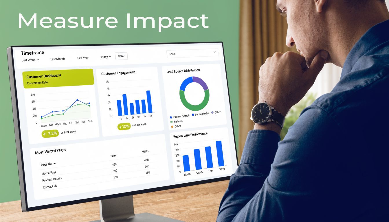 A professional analyzing business performance metrics and data visualizations on a large computer monitor in an office.