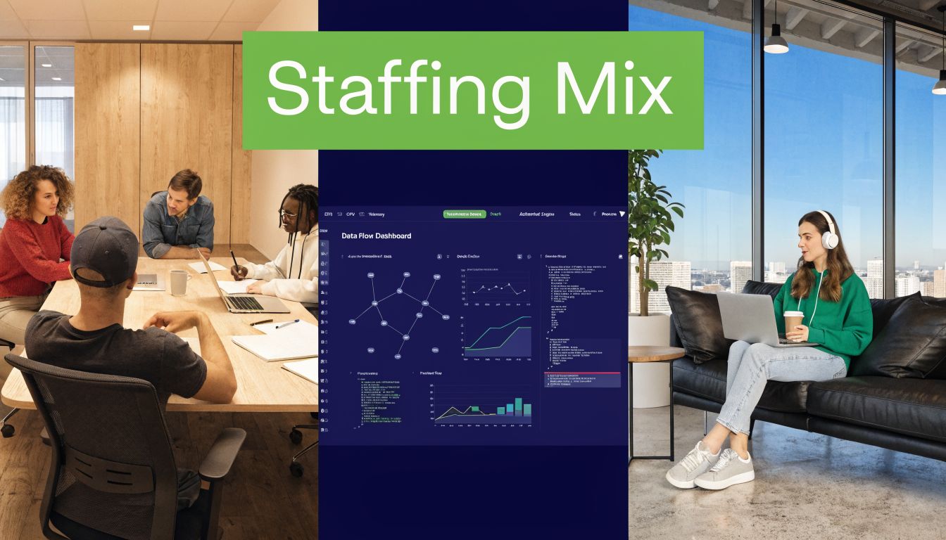 A professional split-screen image showing a collaborative team meeting and an individual working remotely.