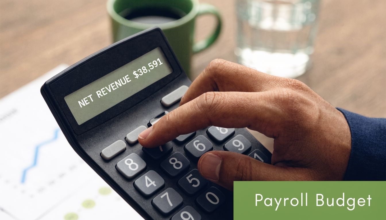 A close-up view of a person using a calculator to determine business net revenue.