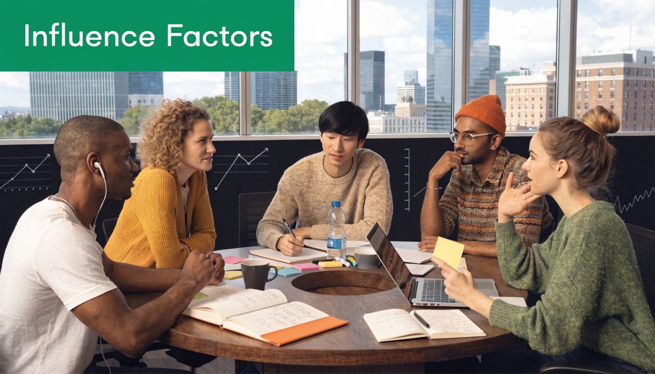 A diverse group of professionals working collaboratively around a round table in a modern, sunlit office.
