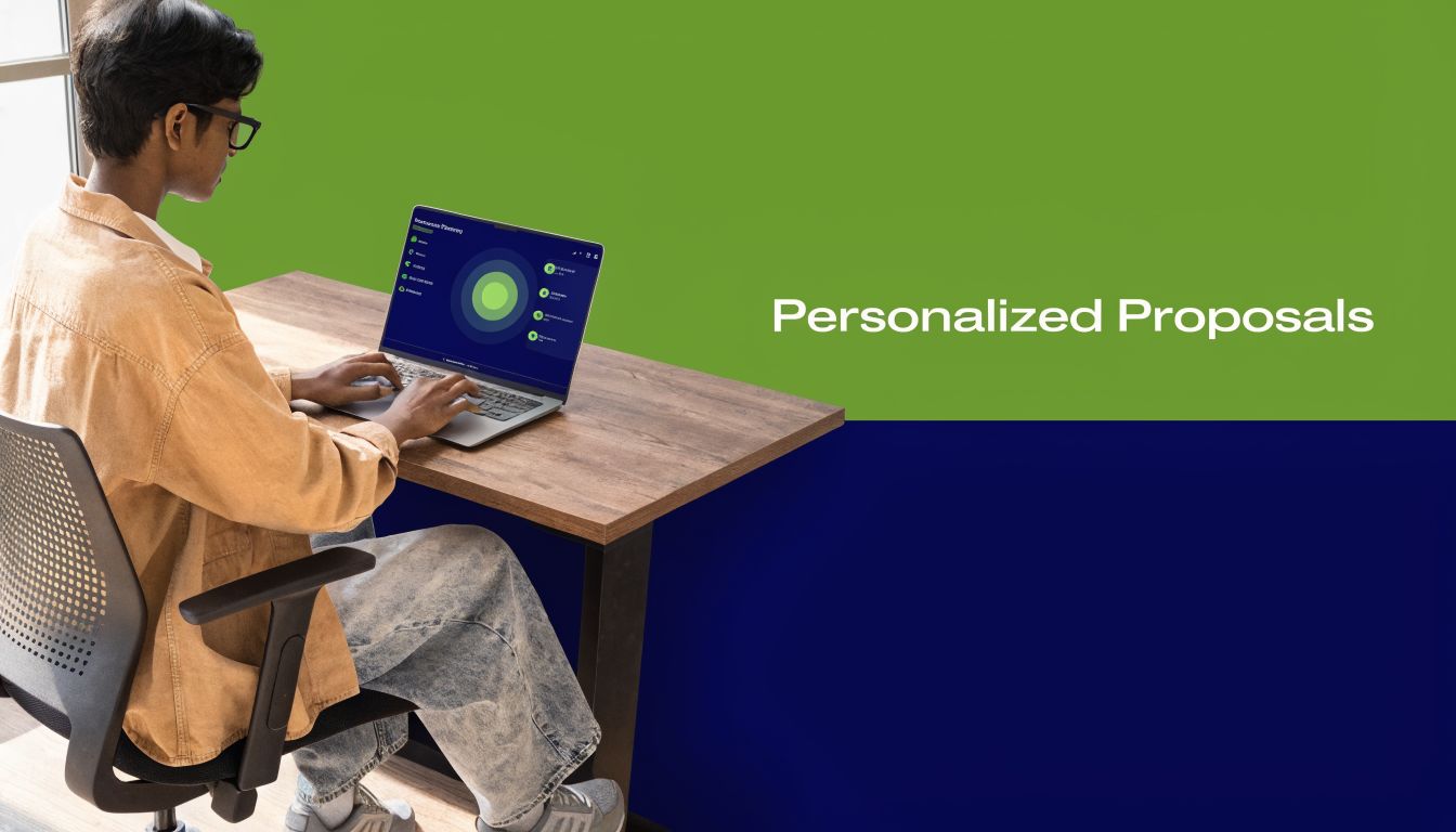 A young professional working on a laptop at a desk with the text Personalized Proposals displayed nearby.