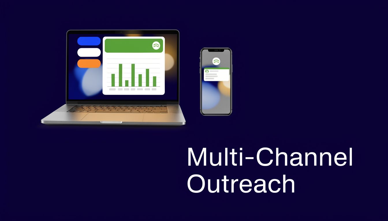 A laptop and smartphone displaying marketing data dashboards against a dark blue background for outreach campaigns.