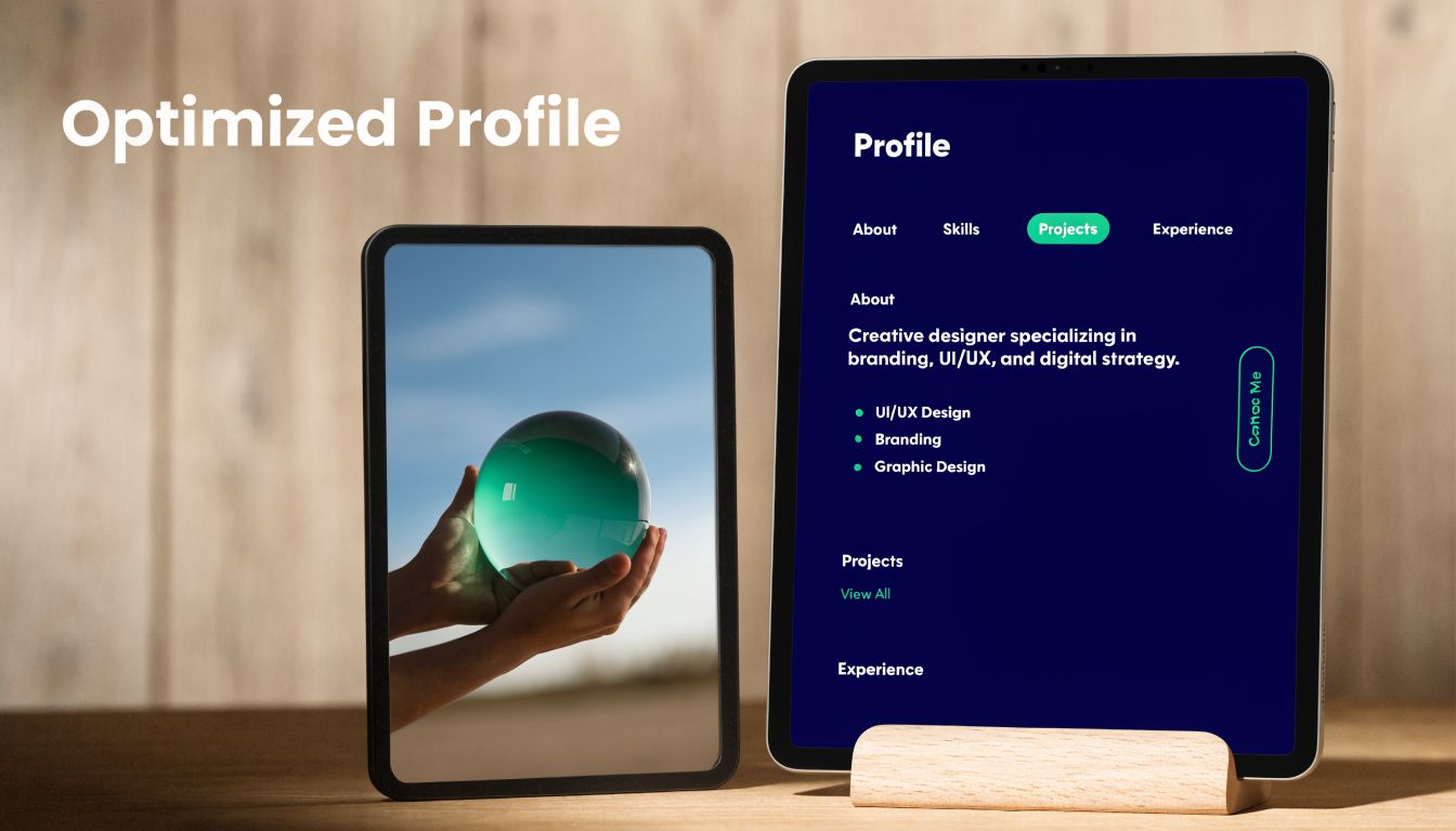 A digital tablet displaying an optimized creative profile with design projects and professional user experience portfolio information.